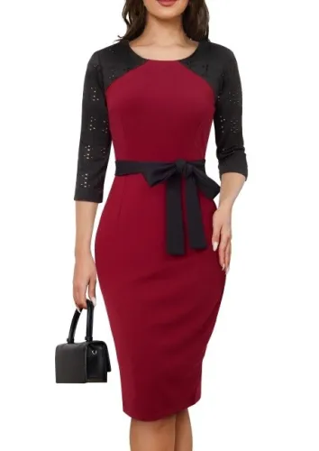Chic Elegant Lace Patchwork Zip Colorblock Midi Dress Bodycon Work Dress