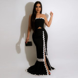 Sleeveless Strapless High Slit Patchwork Solid Dress Fashion Party Evening Dress