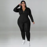 Plus Size Women's Solid Fall Hood Long Sleeve Pants Fashion Casual Set