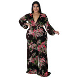 Plus Size Women's Big Flower Print Sexy Low Back Lace-Up Long Sleeve Jumpsuit