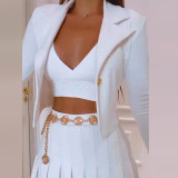 Women's White Short Pleated Skirt Suit