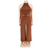 Plus Size Women's Casual Solid Color Belted Jumpsuit