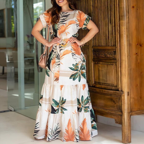 Women's Orange Floral Print Long Maxi Dress