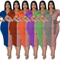 Fashion Plus Size Women's Summer Fashion Casual Shirt Collar Colorblock Bodycon Dress