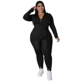 Plus Size Women's Solid Fall Hood Long Sleeve Pants Fashion Casual Set