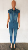 Sexy Fashion Button Up Cap Sleeves Tight Fitting Denim Jumpsuit
