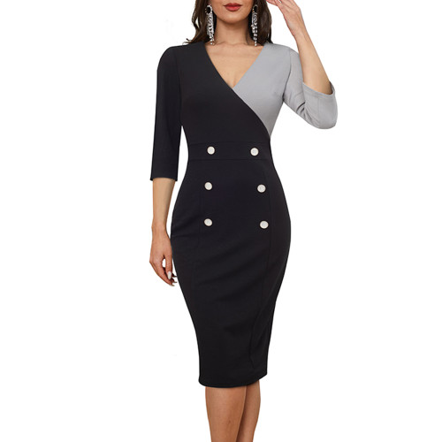 Elegante vestido de cintura media con cremallera y bloques de colores con botones de retazos y cuello en V