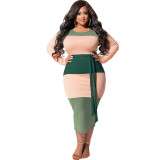 Fall Contrast Color Belted Fashion Tight Fitting Plus Size Women's Dress