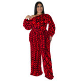 Plus Size Women's Fall New Fashion Casual Print Long Sleeve Jumpsuit