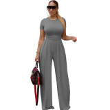 Spring and summer women's loose solid color short-sleeved wide-leg pants suit two-piece