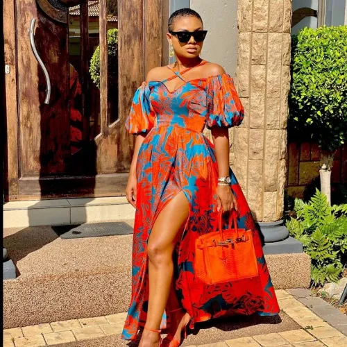 Spring/Summer Women'S Printed Strap Halter Off Shoulder Slit Maxi Dress