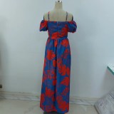 Spring/Summer Women'S Printed Strap Halter Off Shoulder Slit Maxi Dress