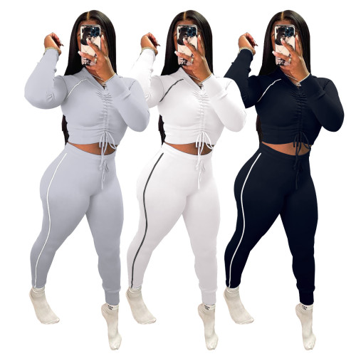 Women'S Pleated Hooded Long Sleeve Two Piece Solid Stretch Pants Set