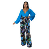 Women'S Solid Color Deep V Top And Printed Loose Trousers Two-Piece Set