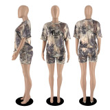 Women Summer Trend Print Camouflage Print Short Sleeve Top + Shorts Two-piece Set