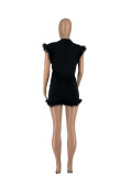 Women Fur Tassel Sleeveless Top + Shorts Two-Piece Set