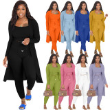 Women Autumn Long Cloak + Sling Top+Pant Solid Color 3-Piece Set