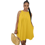 Women Summer Solid Color Sleeveless Loose Dress with Pockets