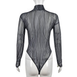 Frauen Sexy Mesh Stripe Print See-Through Rollkragen-Langarm-Bodysuit