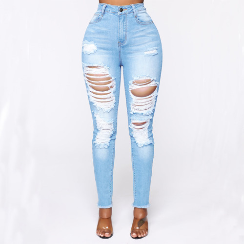Женские эластичные рваные джинсовые брюки