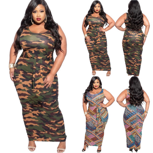 Plus Size Women Sling Sleeveless Camouflage Long Lace-Up Dress