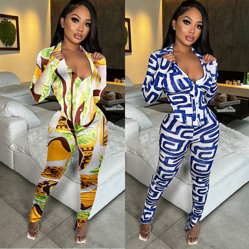 Women Autumn Sexy Printed Long Sleeve Top+Pant Two Piece Set