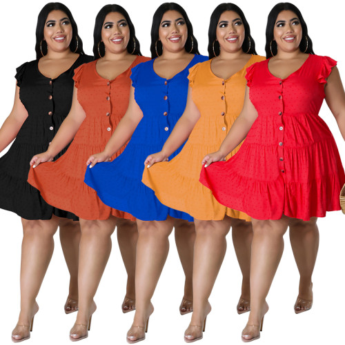 Artı Boyutu Kadın Düz Renk Fırfırlı Kısa Kol Düğmeli Günlük A Kesim Elbise