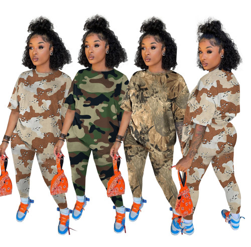 Plus Size Women's Fall Fashion Trend Camouflage Print Two-Piece Set