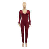 Women's Fall Casual Solid Color Ribbed V-Neck Jumpsuit
