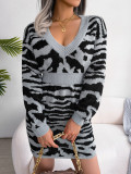 Autumn Winter Fashion Tiger Print Lantern Sleeve Slim Waist Sweater Dress