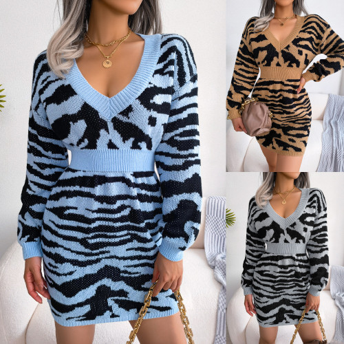 Autumn Winter Fashion Tiger Print Lantern Sleeve Slim Waist Sweater Dress