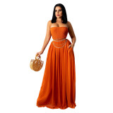 Summer solid color chiffon sexy Strapless + wide leg fashion Jumpsuit