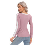 Autumn and winter new Lace Patchwork V-neck knitting long-sleeved t-shirt women's thick slim Basic shirt