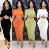 Fashion Solid Women's Round Neck Short Sleeve Cut Out Ruched Maxi Dress