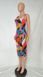 Women's Camisole Print Dress Summer Square Neck Maxi