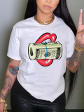 Women's Short Sleeve Round Neck White Short Sleeve T-Shirt Fashion Lips Dollar Bill Shirt