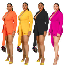 Women's Solid Color Casual Slim Waist Lace-Up Blazer Shorts Two Piece Suit