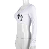 Women's T-Shirt Fall U-Neck Crop Versatile Cross Embroidery Long Sleeve Top