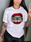 Women's Short Sleeve Round Neck White Short Sleeve T-Shirt Fashion Lips Dollar Bill Shirt
