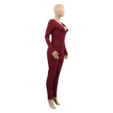 Women's Fall Casual Solid Color Ribbed V-Neck Jumpsuit