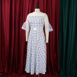 Women Summer Mesh Patchwork Print Half Sleeve See-Through Dress