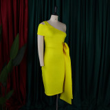 Summer Sexy Yellow One Shoulder Short Sleeve With Bow-Tie Party Dress