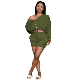 Women's V-Neck Pullover Shorts Two Piece Set