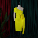 Summer Sexy Yellow One Shoulder Short Sleeve With Bow-Tie Party Dress