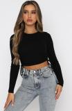 Solid Color Fashion Drawstring Round Neck Long Sleeve Crop Tee Street Trendy Ribbed Top
