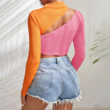 Women's Cut Out Contrast Color Patchwork Short Slim Fit Long Sleeve T-Shirt Half Turtleneck Autumn/Winter Top