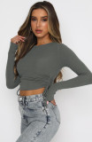 Solid Color Fashion Drawstring Round Neck Long Sleeve Crop Tee Street Trendy Ribbed Top