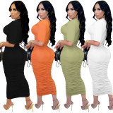 Fashion Solid Women's Round Neck Short Sleeve Cut Out Ruched Maxi Dress