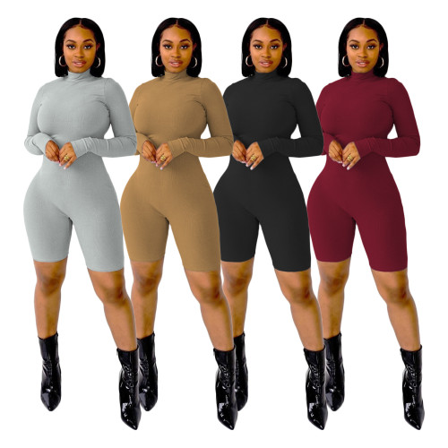 Lässiger, einfarbiger Damen-Overall mit geripptem Reißverschluss und langen Ärmeln