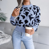 Women'S Fall/Winter Casual Leopard Slim Waist Knitting Short Sweater